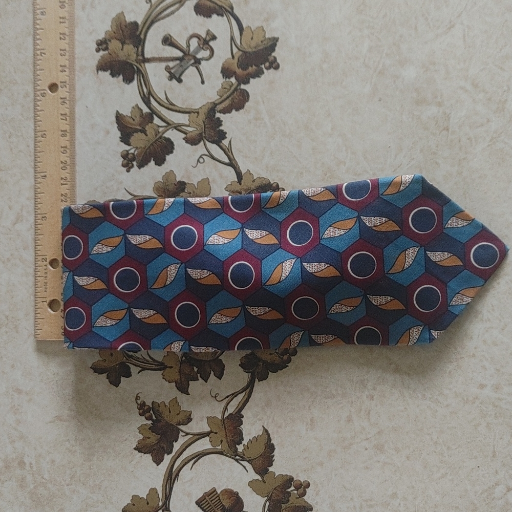 Men's silk tie. Teal, red and gold eclectic pattern. Allen Collins